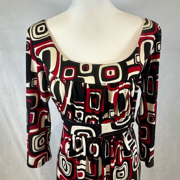 AB Studio red and black geometric print ruched bust dress size large - Picture 2 of 6